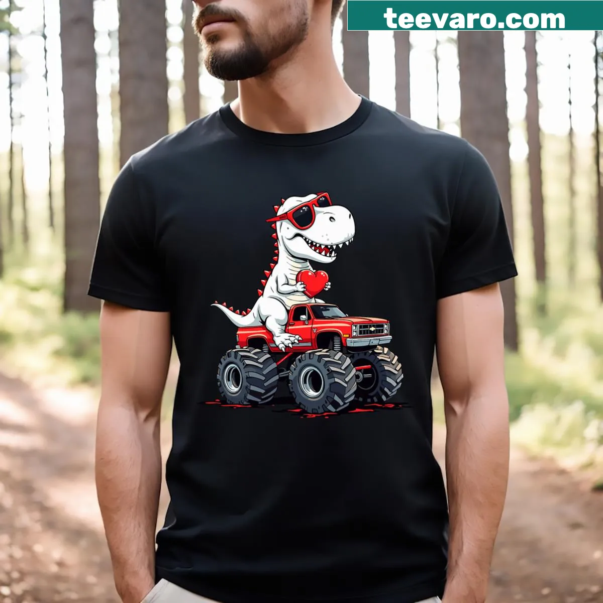 Cute kids' T-shirt with dinosaur monster truck and heart graphic — on a men's t-shirt