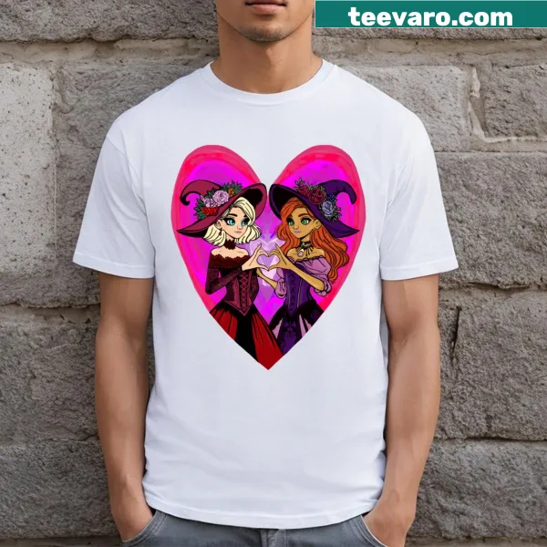 Whimsical Valentine's t-shirt with witches and hearts illustration