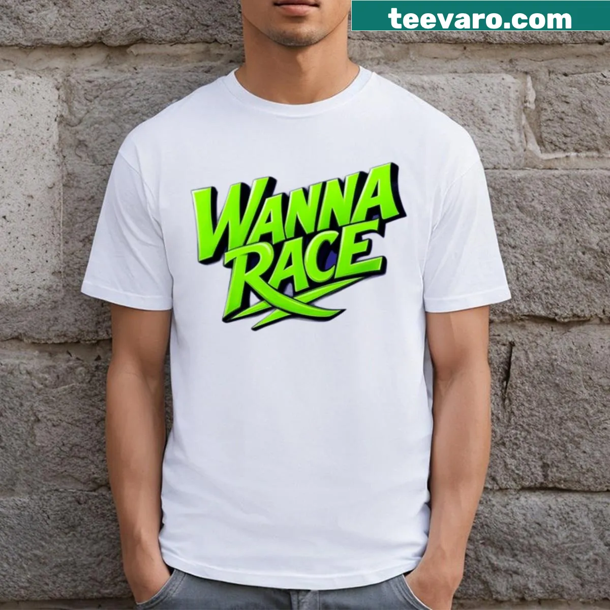 Text 'Wanna Race?' in playful font on a T-shirt — on a men's t-shirt