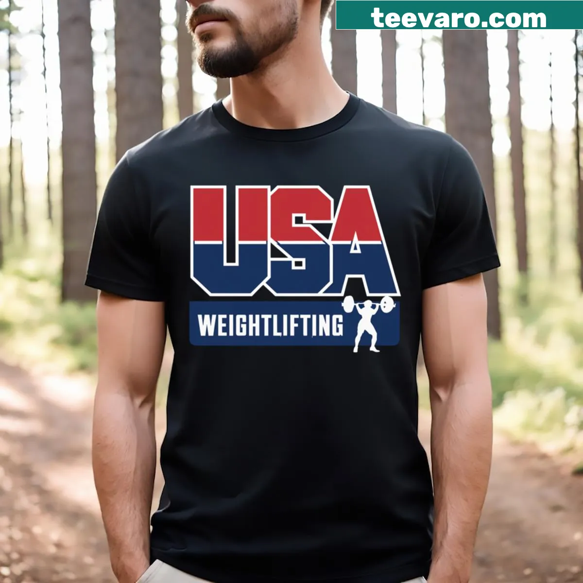 T-shirt with American flag design and weightlifting graphics. — on a men's t-shirt