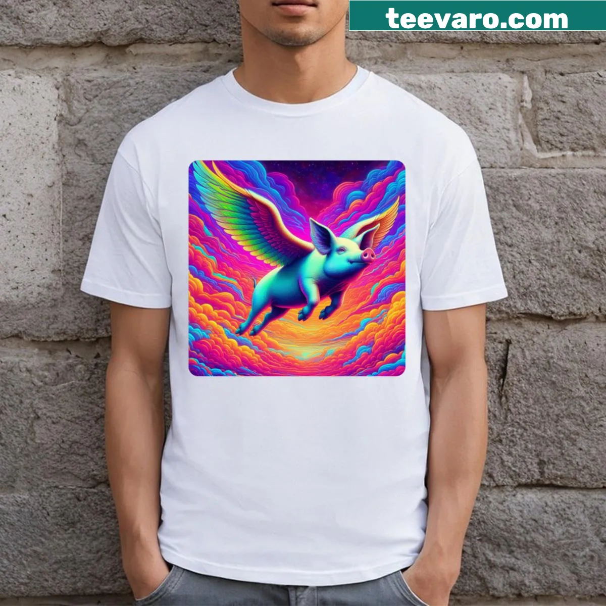 Illustrated flying pig t-shirt — on a men's t-shirt