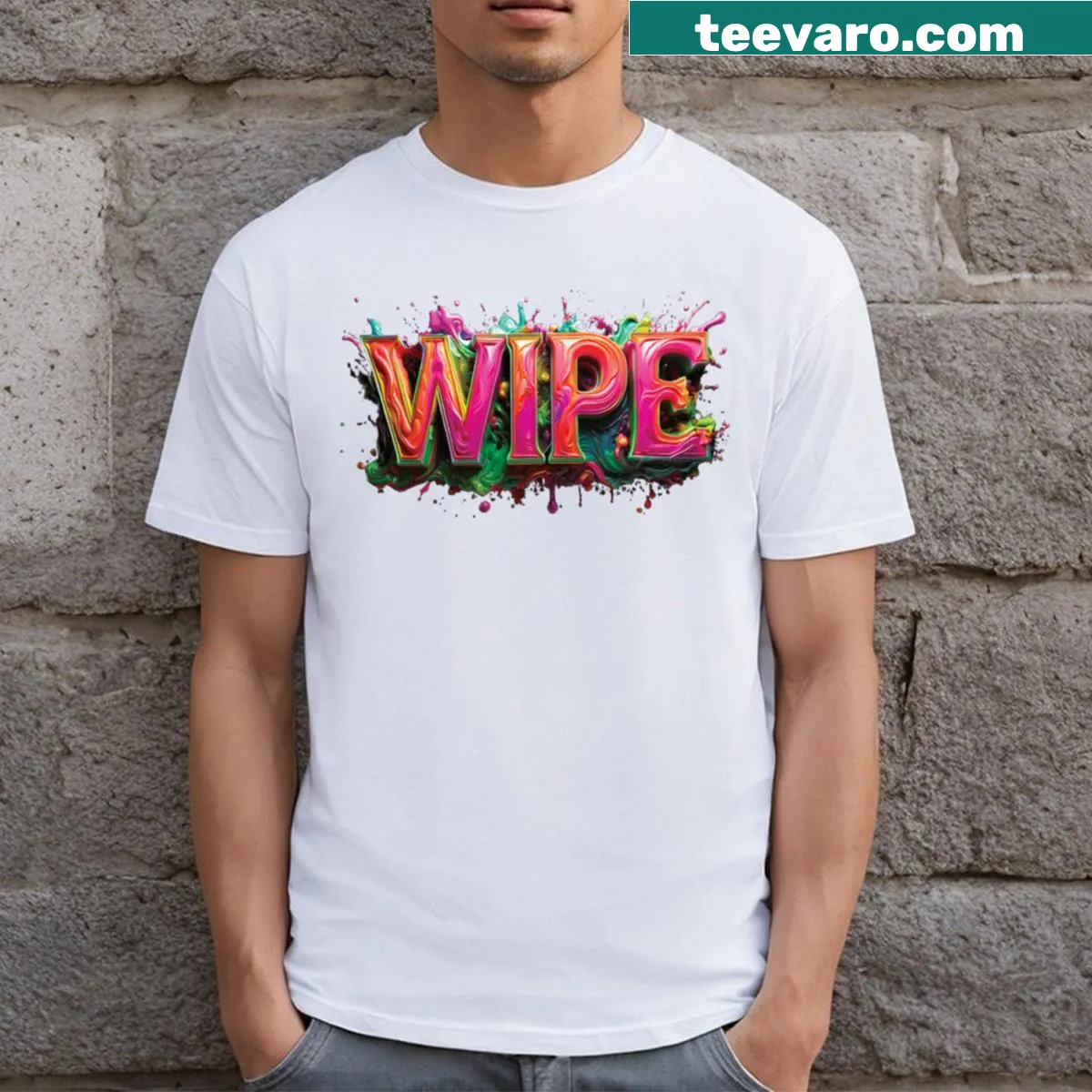 Graffiti-style T-shirt with a prominent word design in urban art style. — on a men's t-shirt