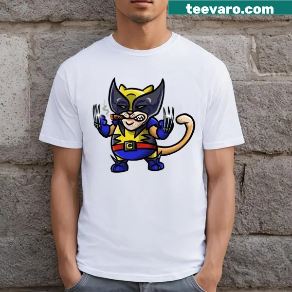 Cartoon-style T-shirt featuring a playful wolvercat design.