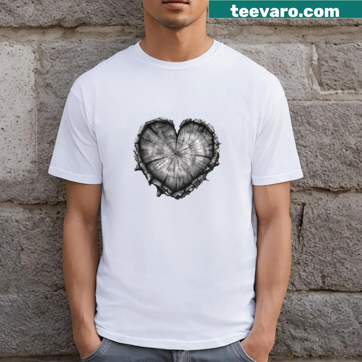 T-shirt featuring a wood heart graphic — on a men's t-shirt