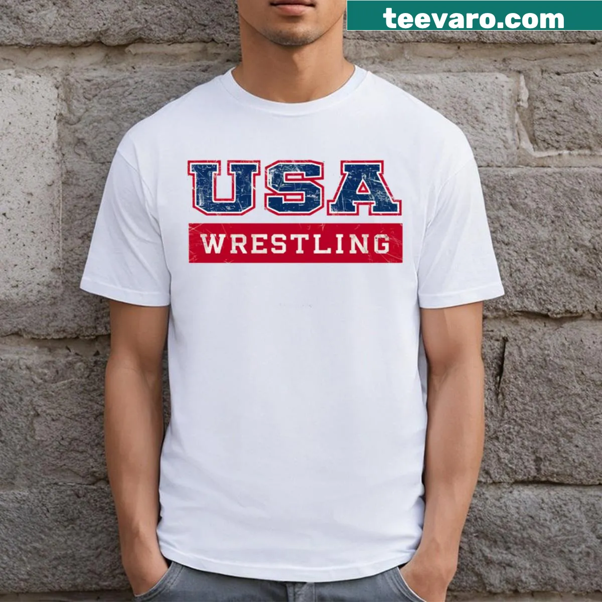 Patriotic T-shirt featuring wrestling imagery and the U.S. flag. — on a men's t-shirt