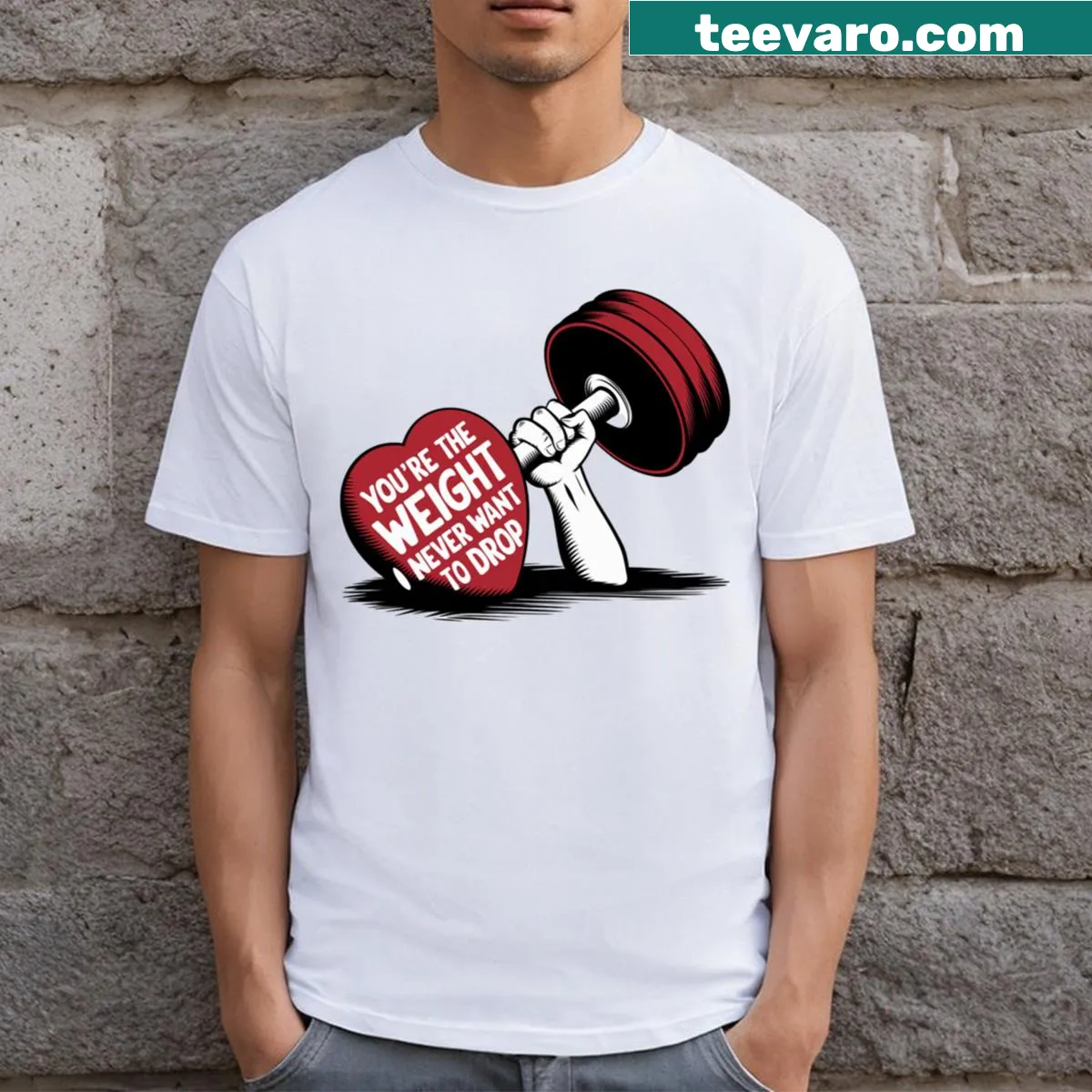 Funny fitness shirt with the phrase about weight and humor — on a men's t-shirt