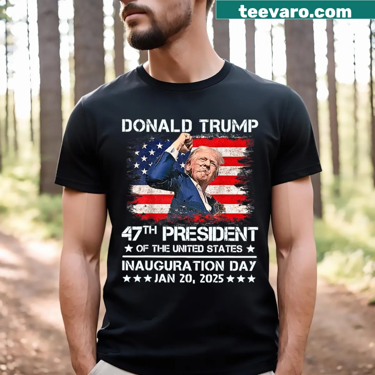 Patriotic t-shirt featuring text about Trump and the 2025 inauguration. — on a men's t-shirt