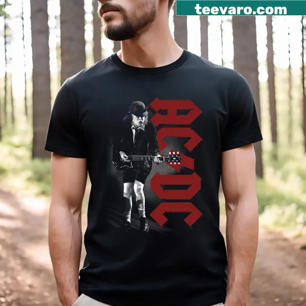 Music-themed t-shirt featuring a playful illustration of Angus from AC/DC.