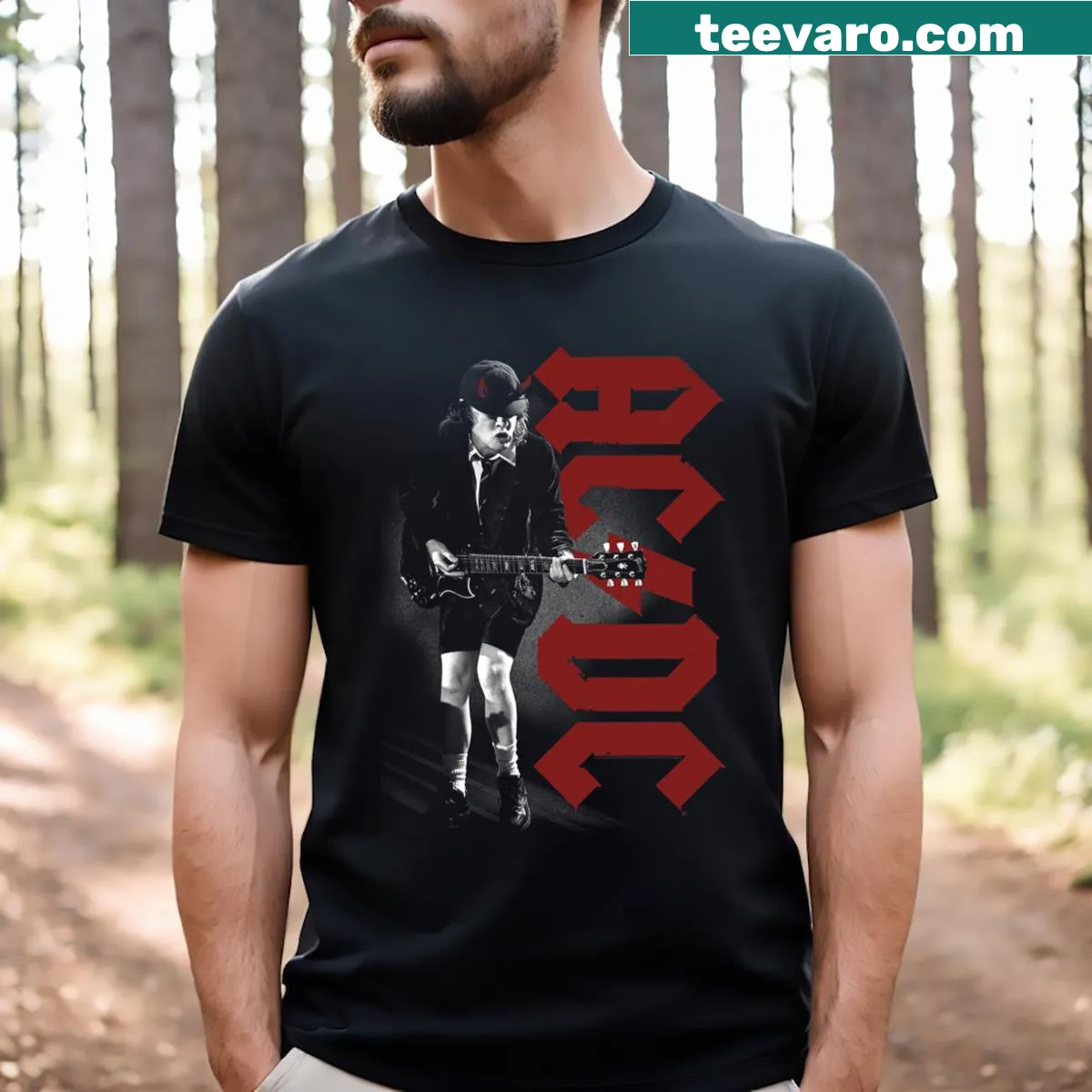 Music-themed t-shirt featuring a playful illustration of Angus from AC/DC. — on a men's t-shirt