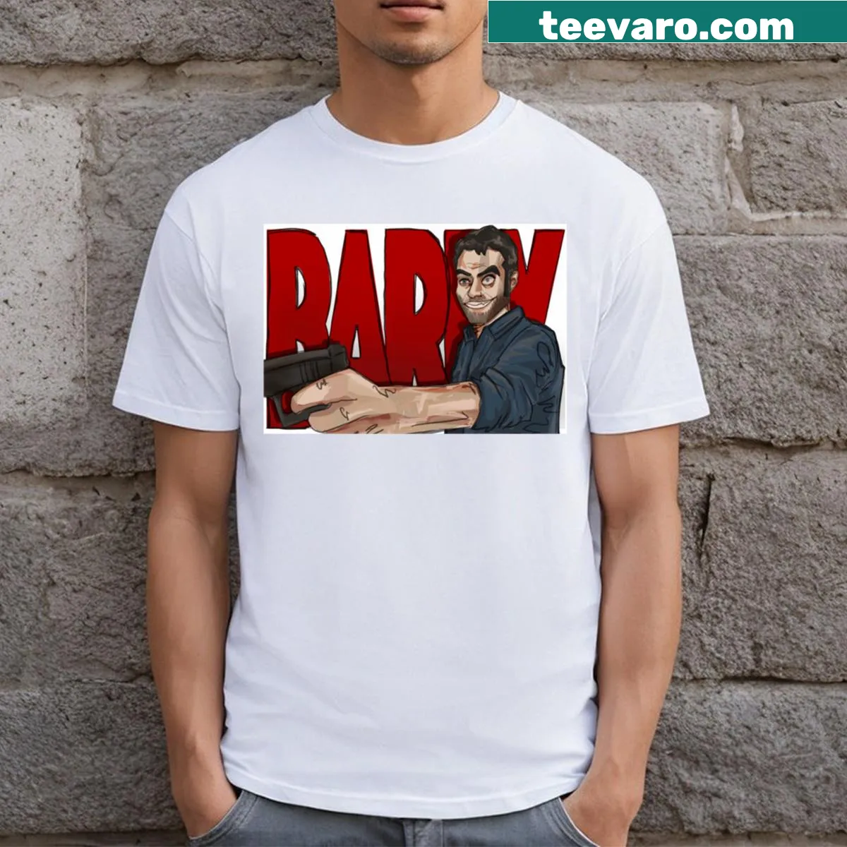 Retro TV design T-shirt with 'Barry' text — on a men's t-shirt
