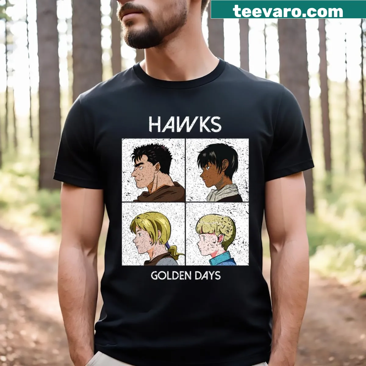Grunge style T-shirt featuring bold graphics inspired by Berserk. — on a men's t-shirt