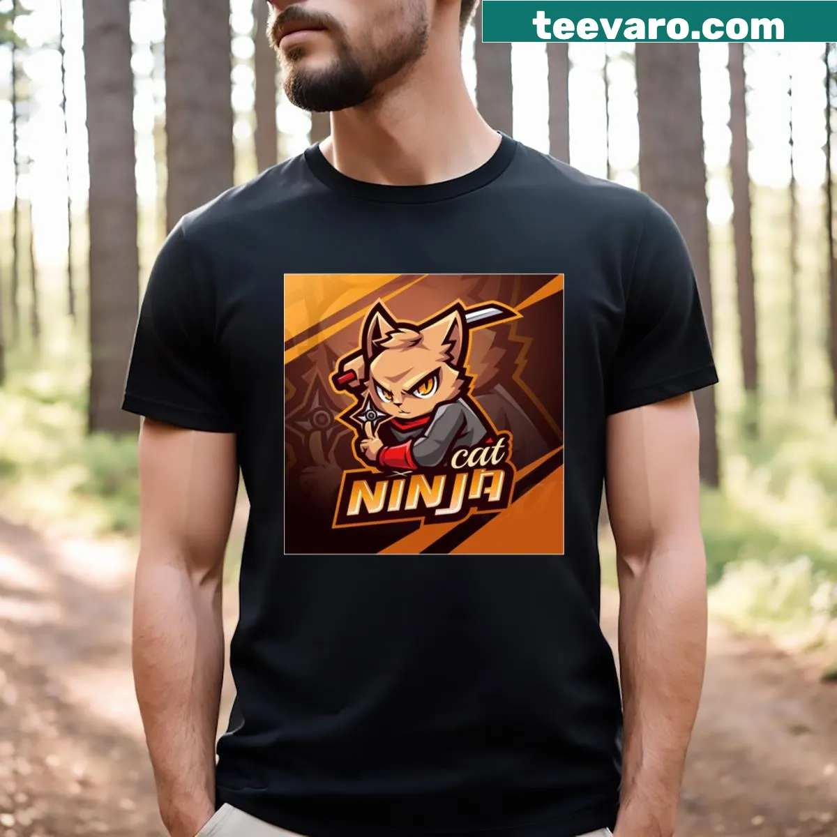 Cartoon cat dressed as a ninja on a t-shirt — on a men's t-shirt