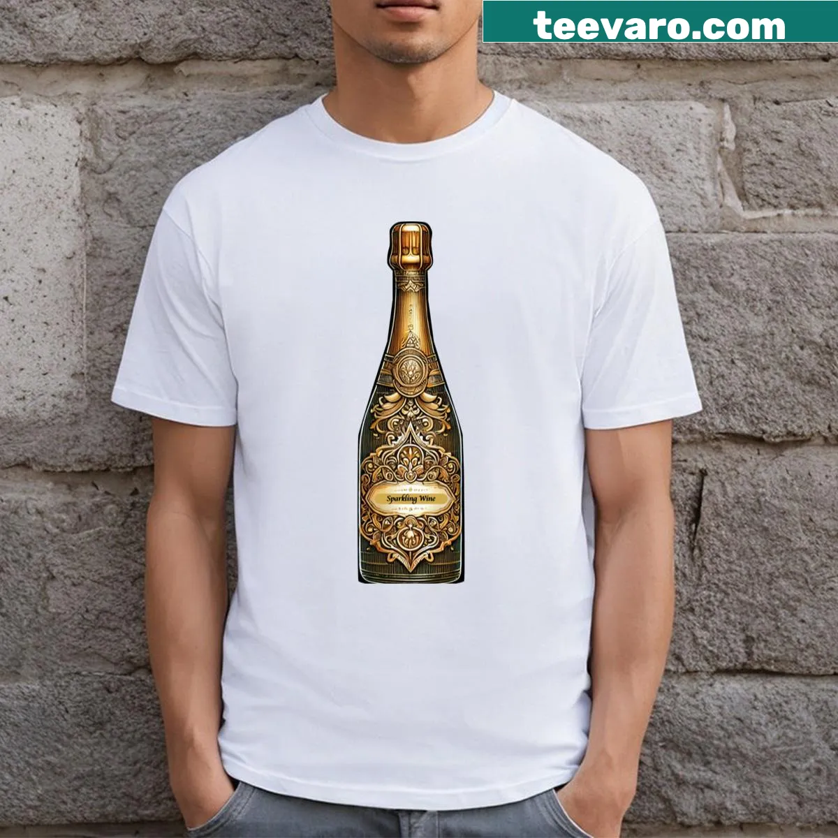 T-shirt with celebratory sparkling wine graphic — on a men's t-shirt