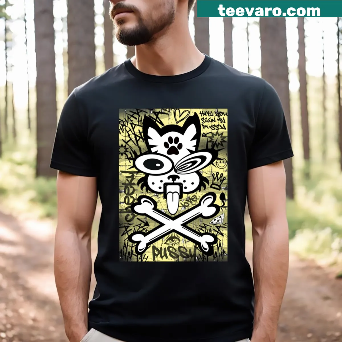 Humorous T-shirt featuring a cheeky cat graphic — on a men's t-shirt