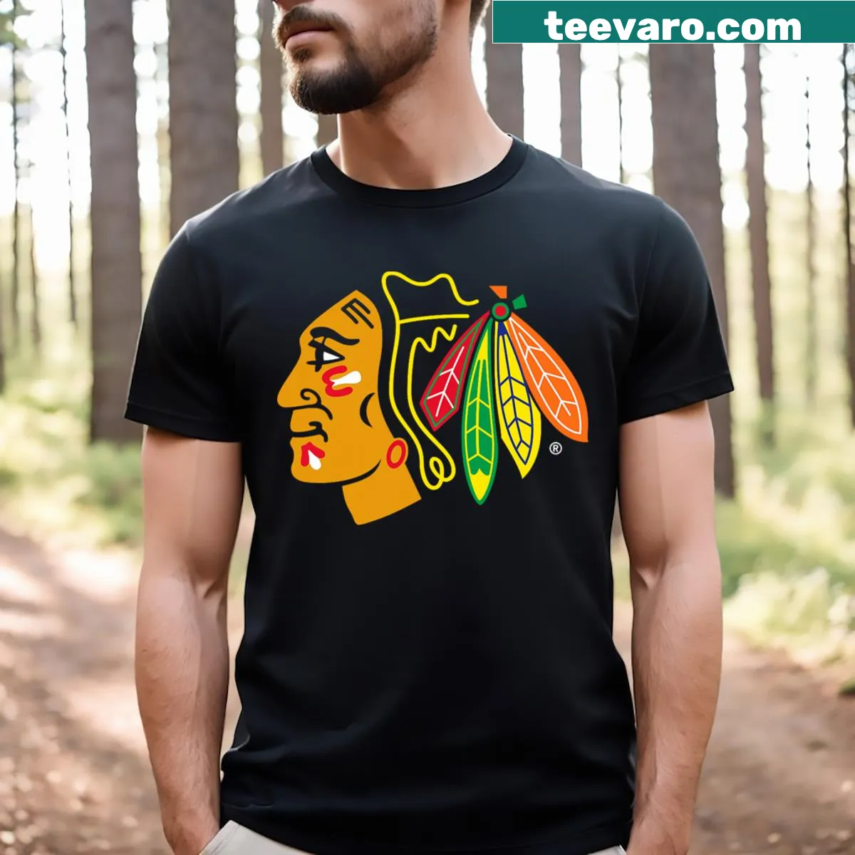 Officially licensed Chicago Blackhawks t-shirt with logo — on a men's t-shirt