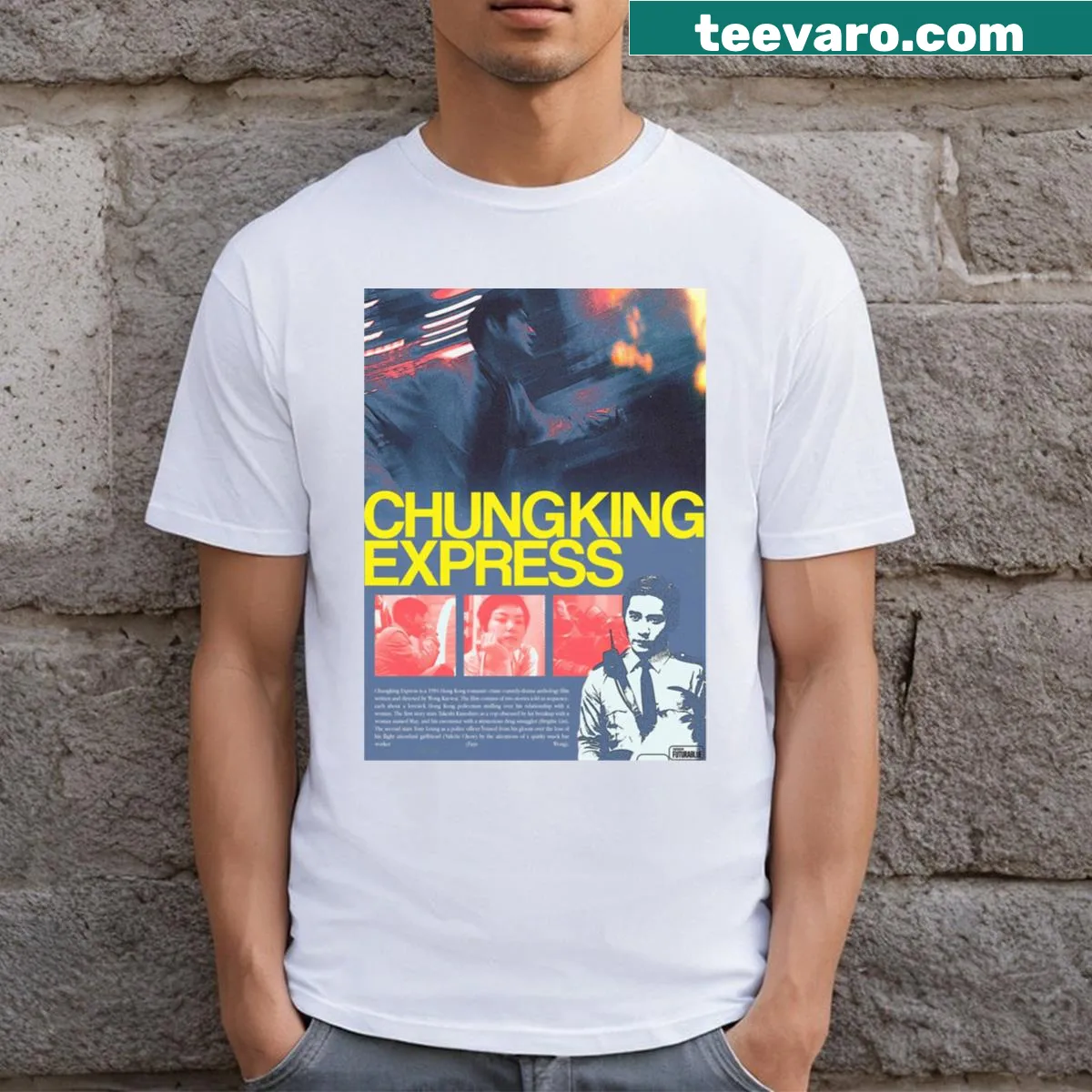 Minimalist long t-shirt inspired by Chungking Express film — on a men's t-shirt