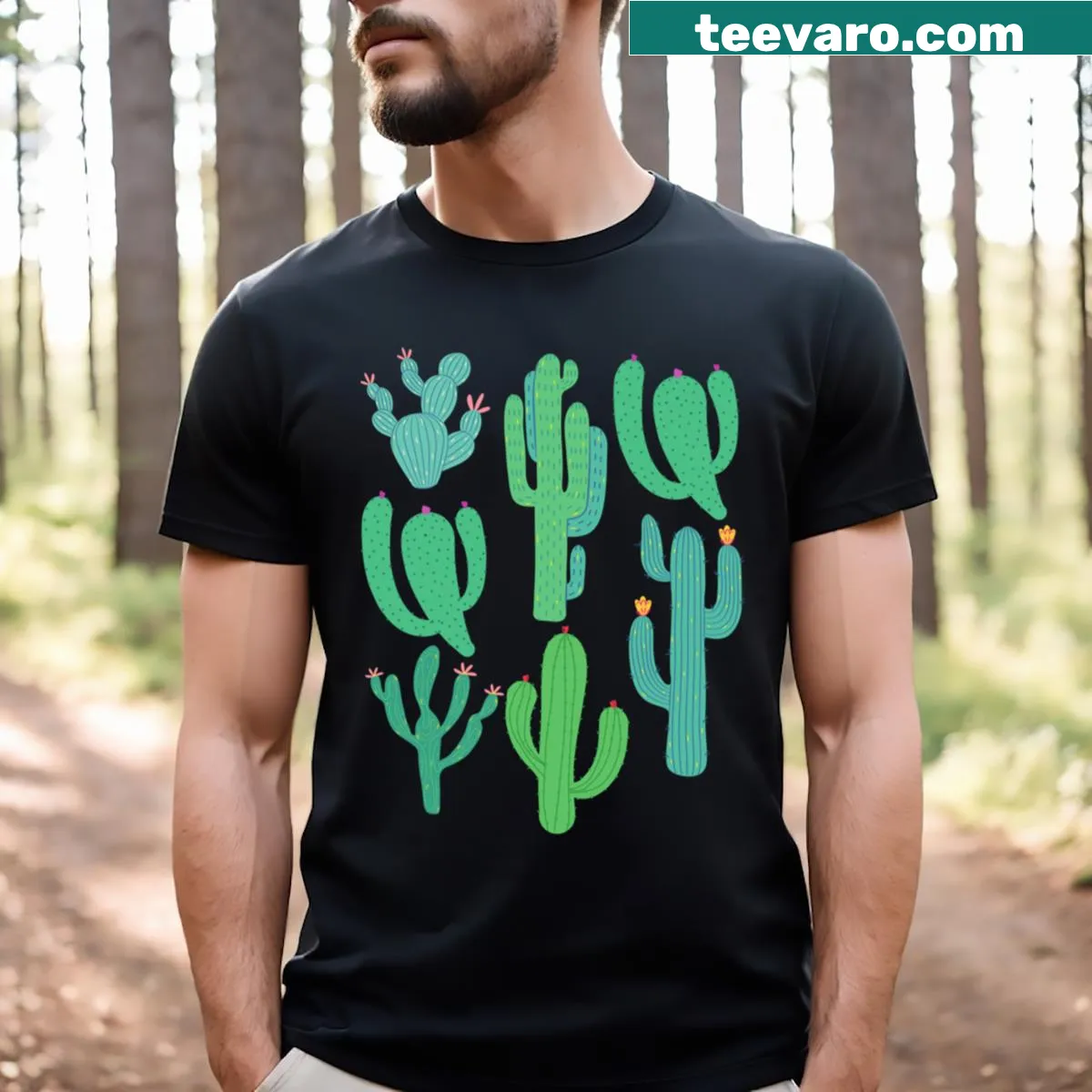 Minimalist T-shirt featuring a silhouette of cactus plants — on a men's t-shirt