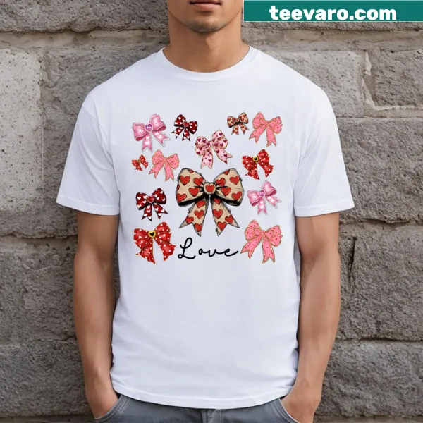 Illustrated T-shirt featuring bows and the word love in playful font.
