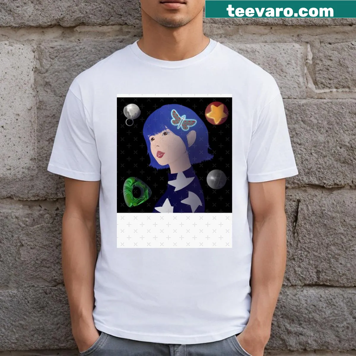 Whimsical Coraline t-shirt featuring the character with button eyes — on a men's t-shirt