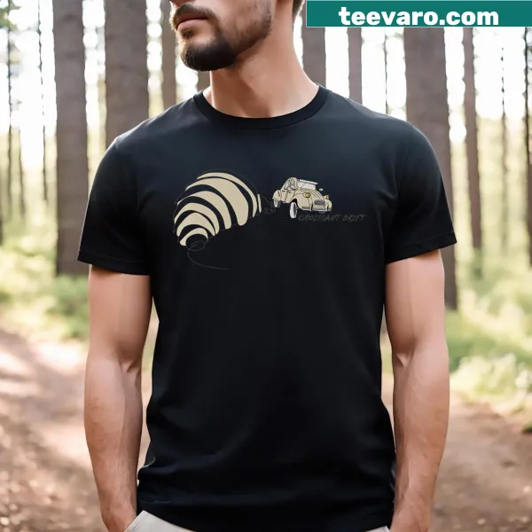 Cartoonish T-shirt featuring a croissant drifting away