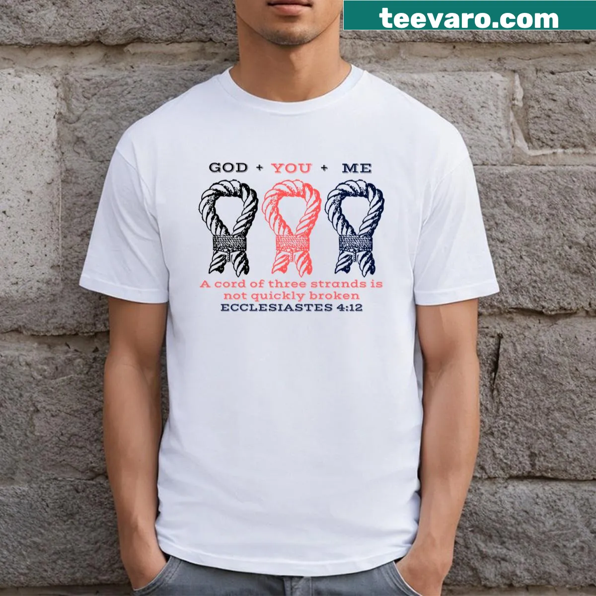 Ecclesiastes 4:12 wedding t-shirt with elegant typography — on a men's t-shirt