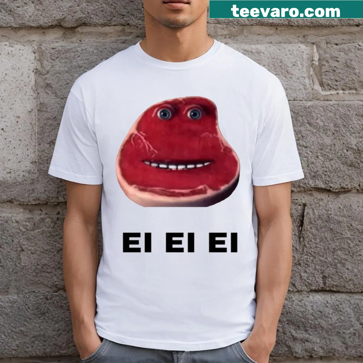 Bold typography t-shirt with the phrase Ei Ei Ei — on a men's t-shirt