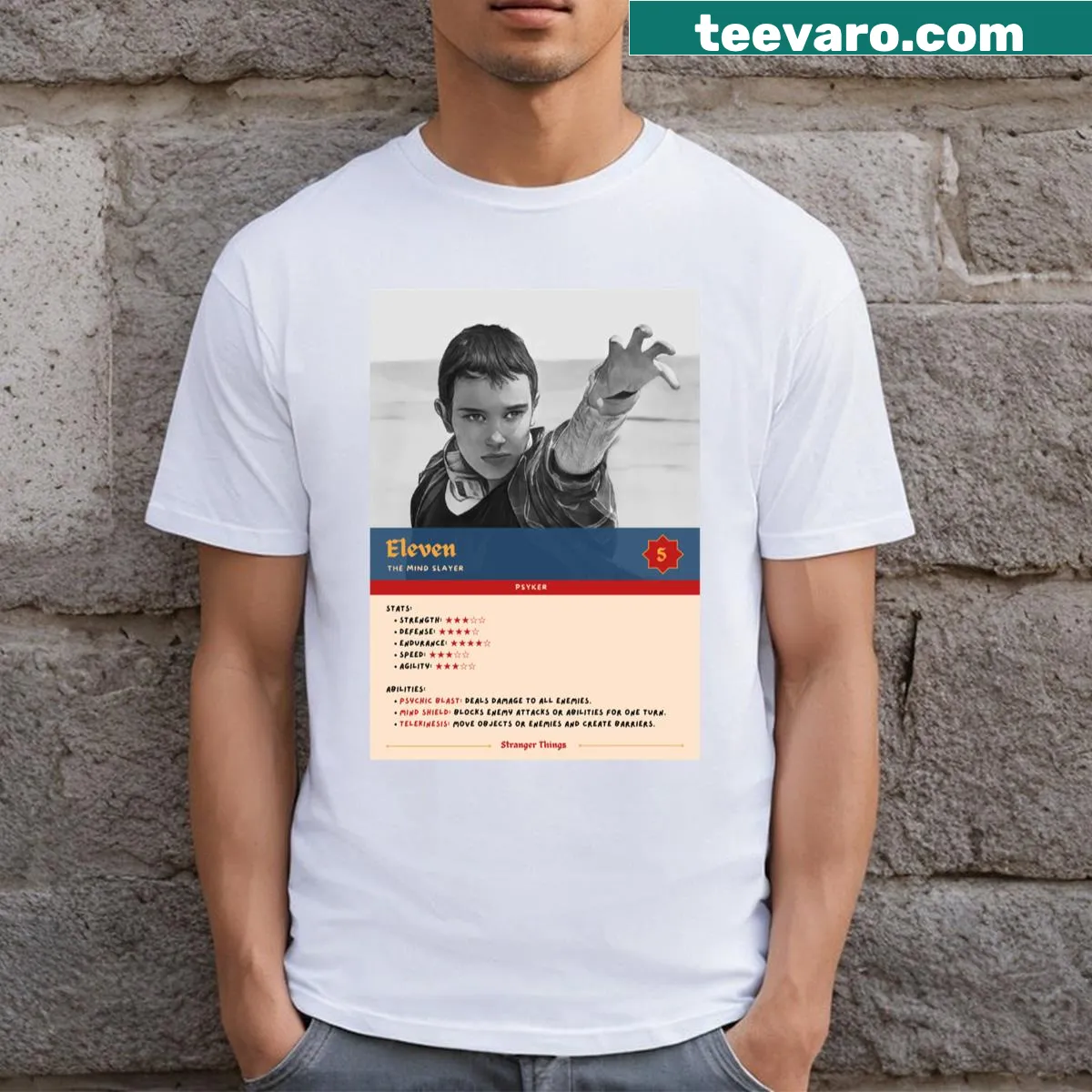 Character card t-shirt featuring Eleven from Stranger Things 4 — on a men's t-shirt
