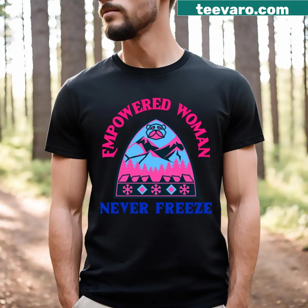 Typography t-shirt with the phrase Empowered Never Freeze — on a men's t-shirt