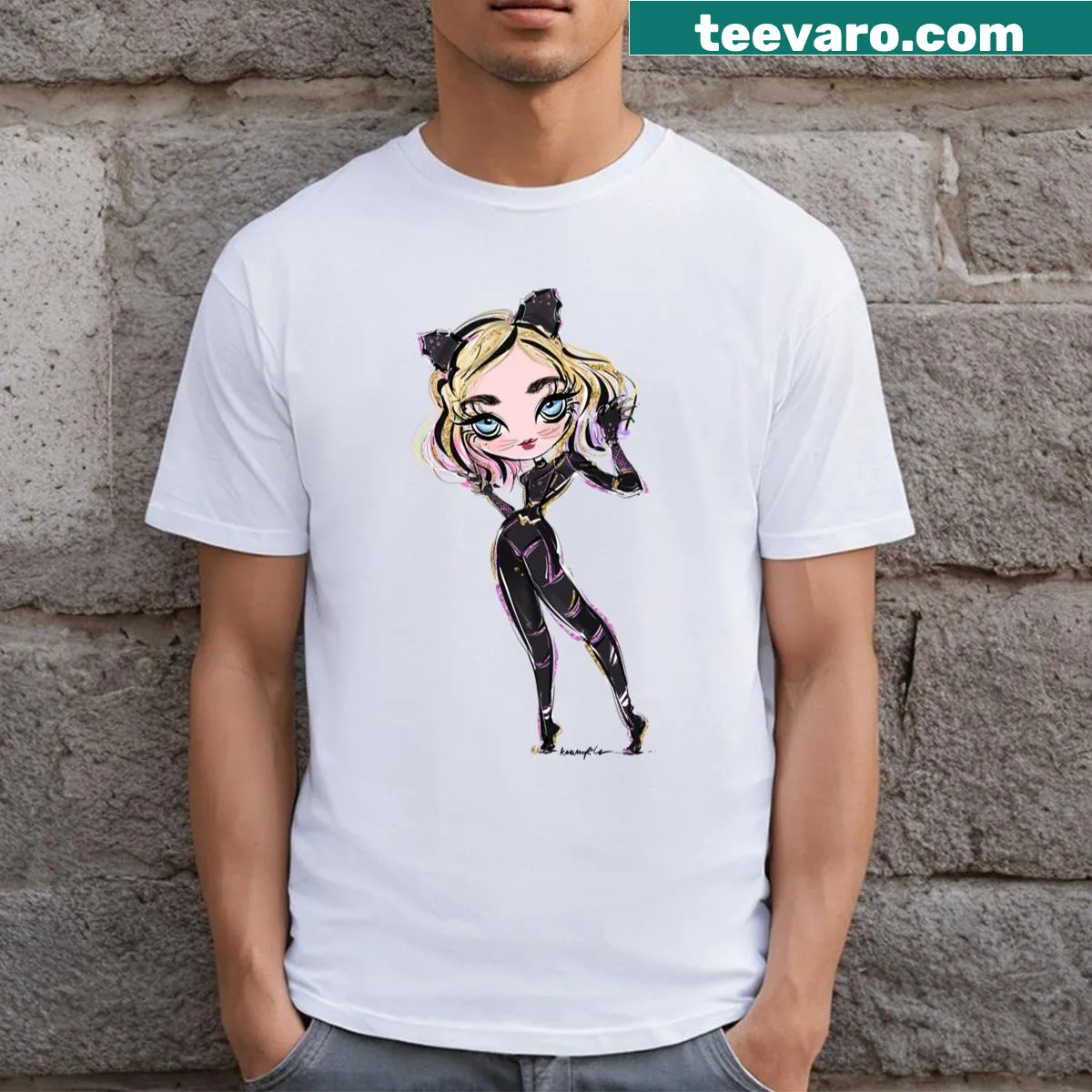 Cute cartoon t-shirt featuring Enid the cat — on a men's t-shirt
