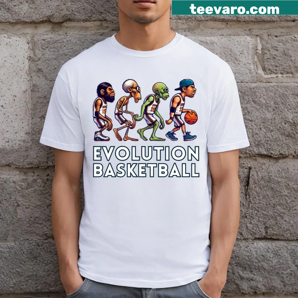 Cartoon illustration of the evolution of basketball players in a T-shirt — on a men's t-shirt