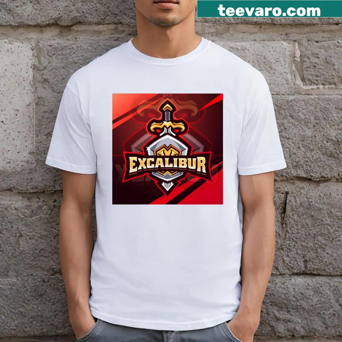 Excalibur logo graphic t-shirt for fantasy and gaming fans — on a men's t-shirt