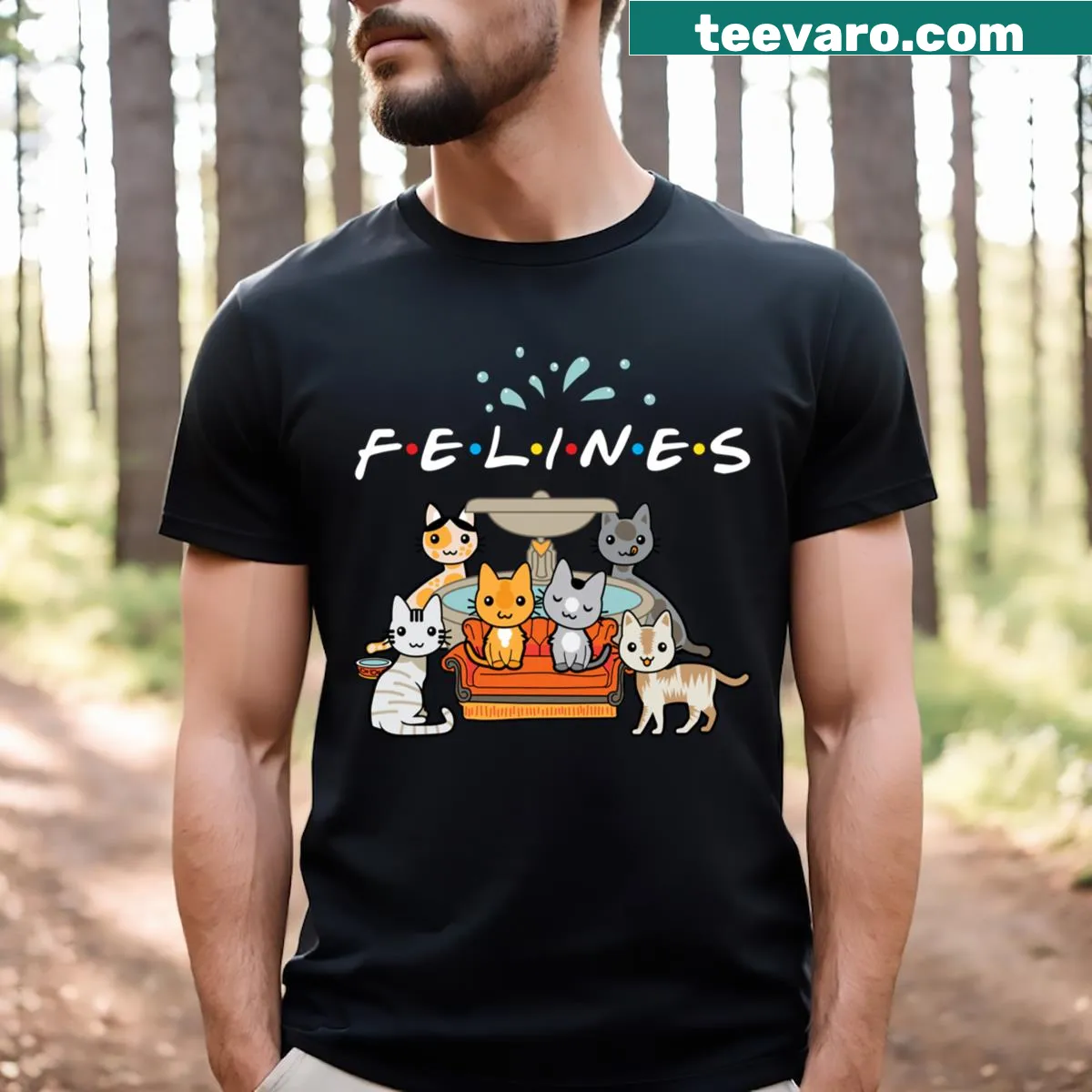 Cartoon T-shirt featuring Friends characters with cats in a playful design — on a men's t-shirt