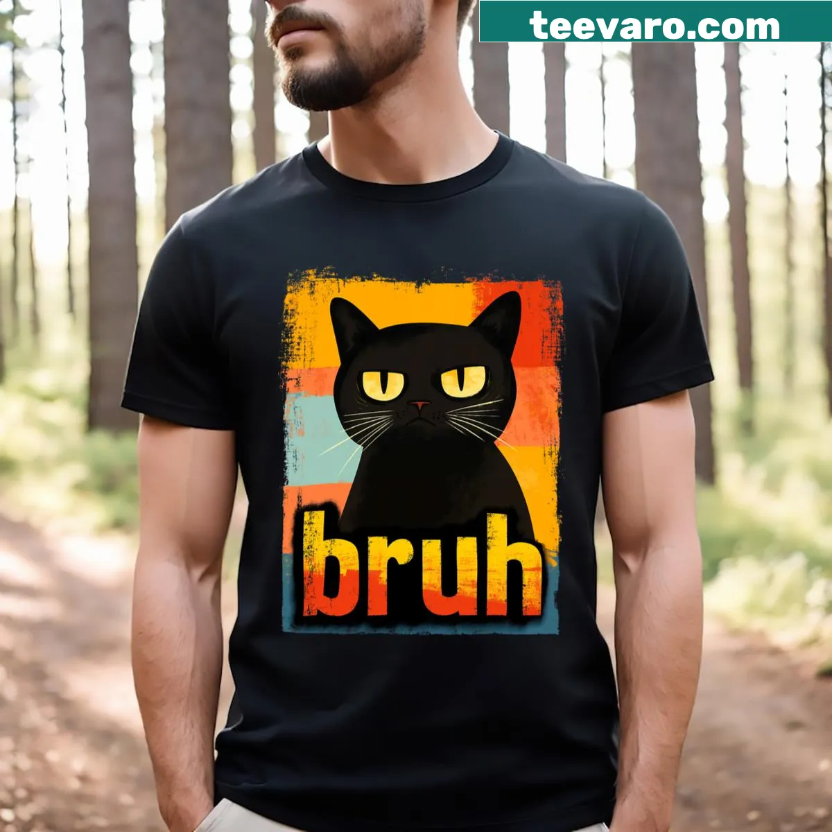 Graphic T-shirt featuring a funny cat meme with bruh text — on a men's t-shirt