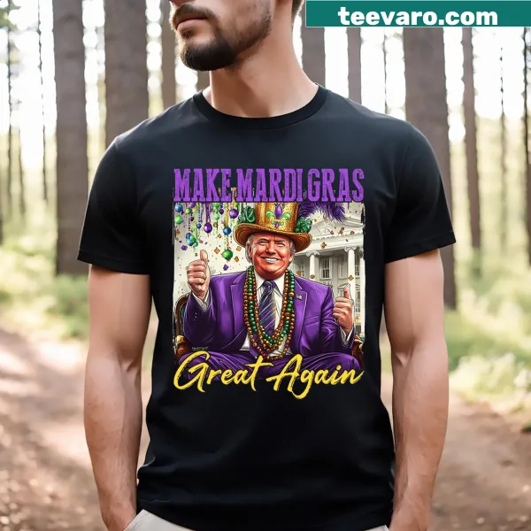 Mardi Gras themed T-shirt with Trump and American flag design