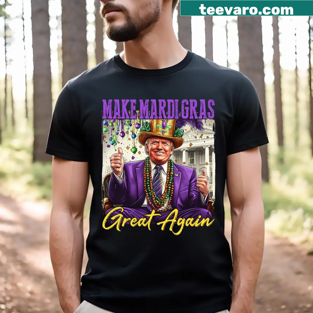 Mardi Gras themed T-shirt with Trump and American flag design — on a men's t-shirt
