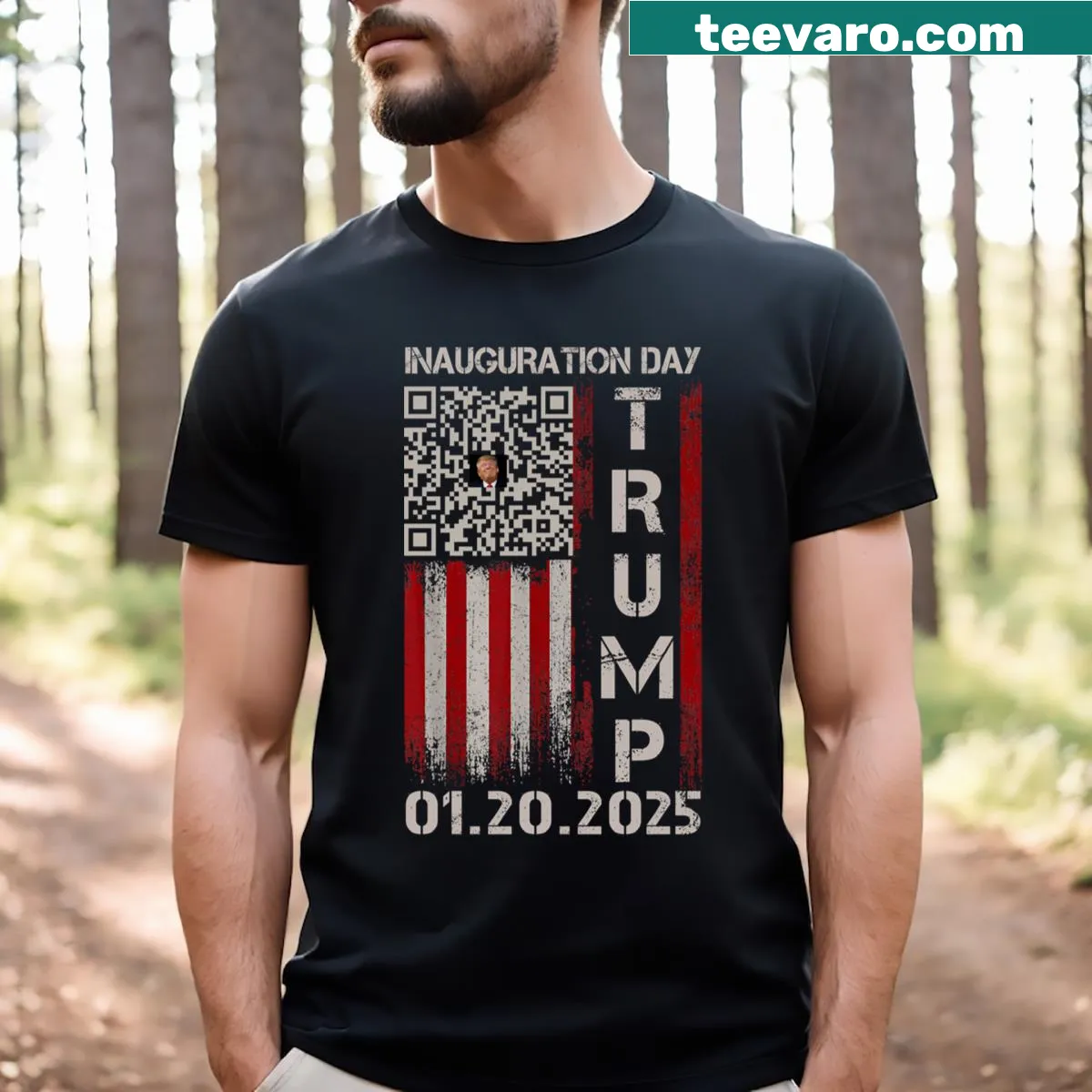 T-shirt with QR code design humorously referencing Trump's 2025 Inauguration Day — on a men's t-shirt