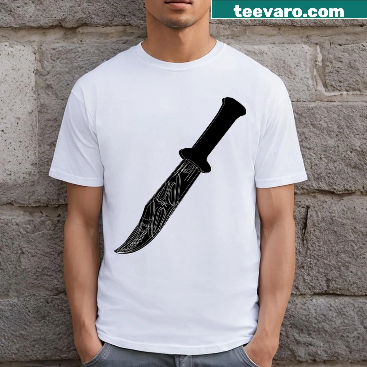 T-shirt with minimalist ghost face and knife illustration — on a men's t-shirt