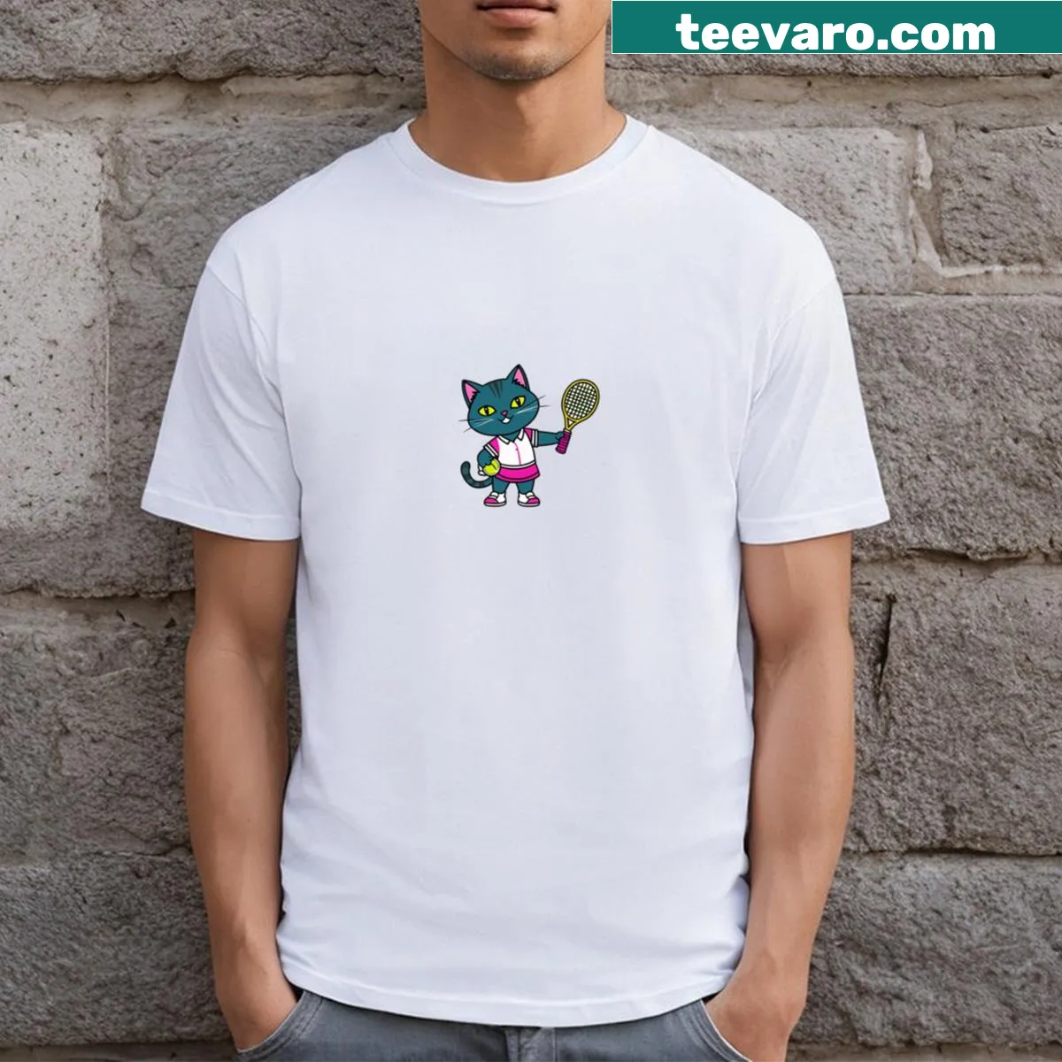 T-shirt featuring a girl tennis player and a cat graphic — on a men's t-shirt