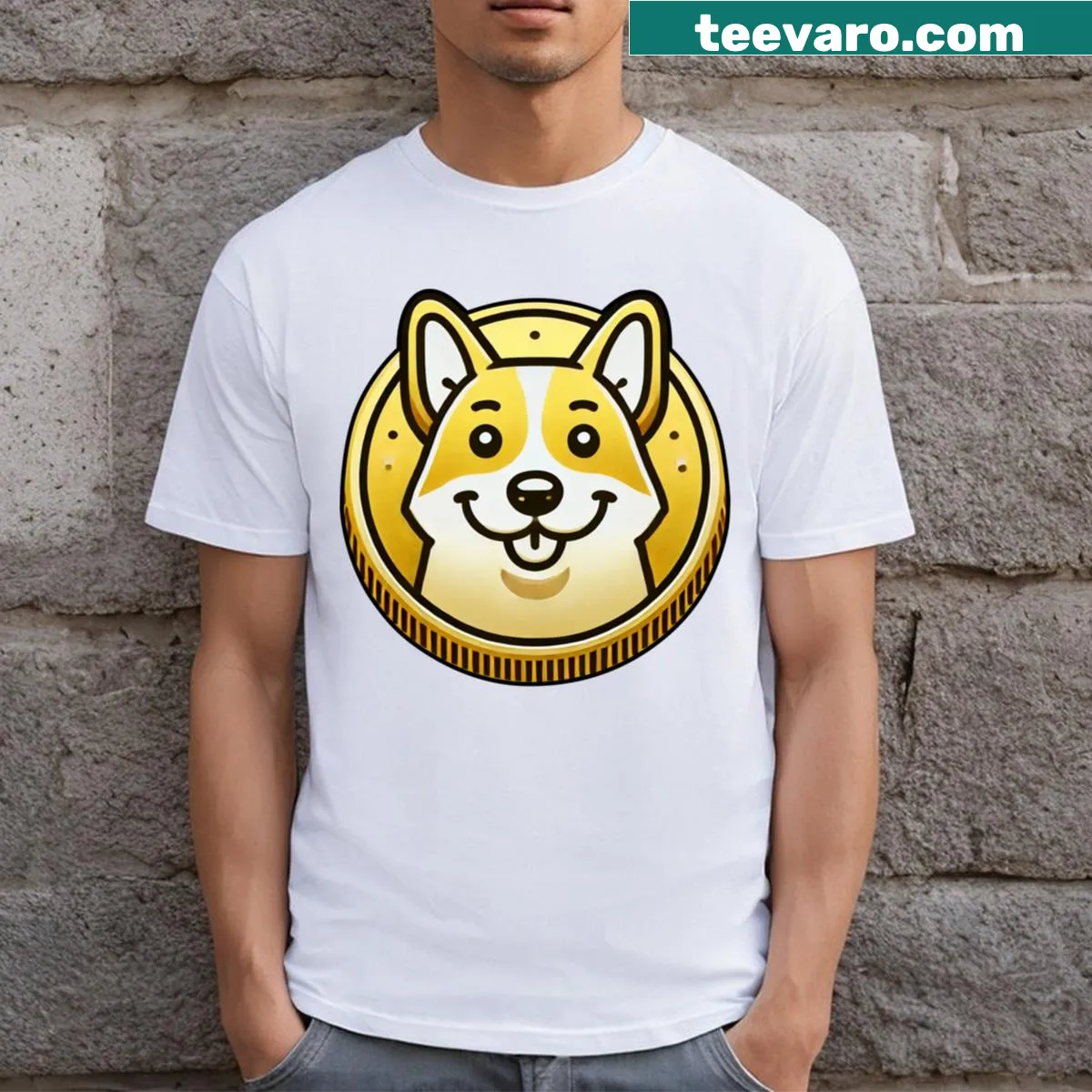 T-shirt featuring a gold corgi coin graphic. — on a men's t-shirt