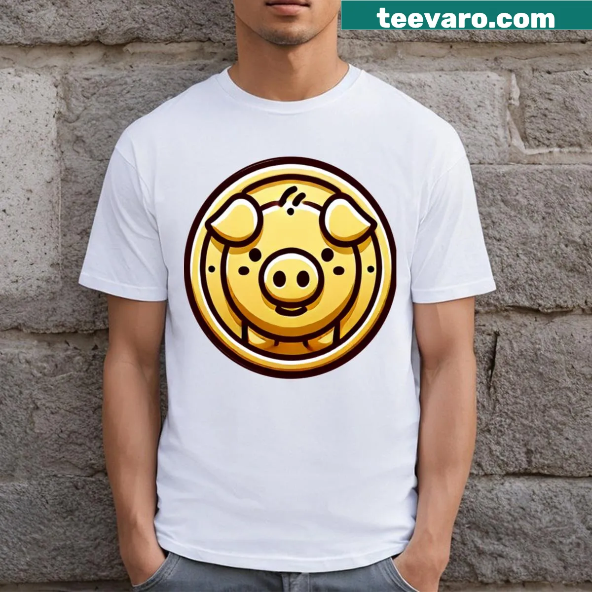 Whimsical gold pig illustration with coins graphic on T-shirt — on a men's t-shirt