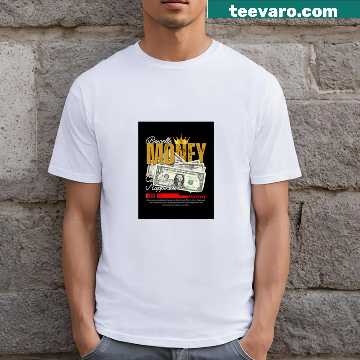 Vintage-style T-shirt with golden and grey money graphic. — on a men's t-shirt