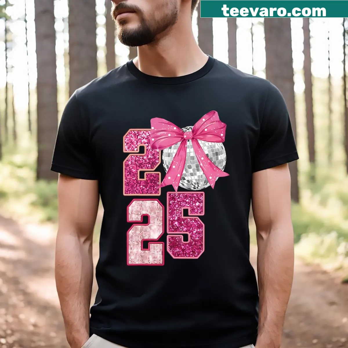Happy New Year 2025 T-shirt with disco ball graphic — on a men's t-shirt