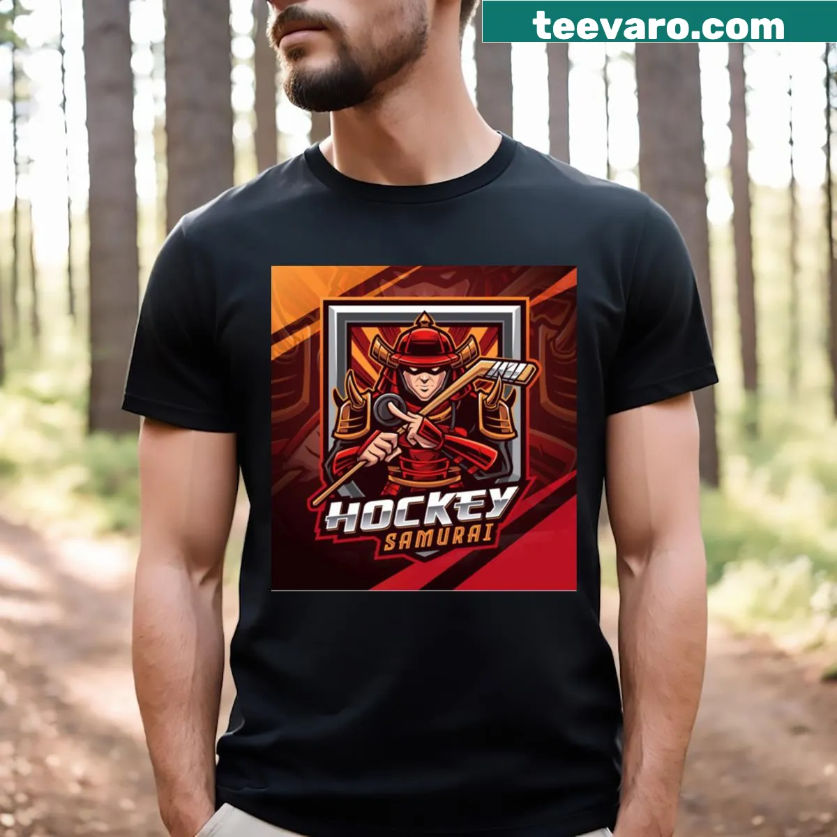 T-shirt featuring a samurai playing hockey in an action illustration — on a men's t-shirt