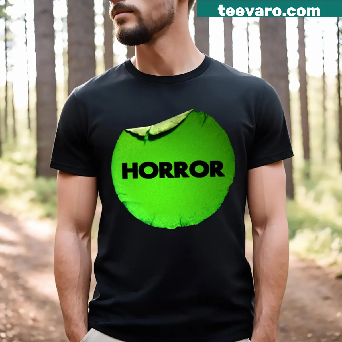 Vintage VHS horror movie label graphic T-shirt — on a men's t-shirt