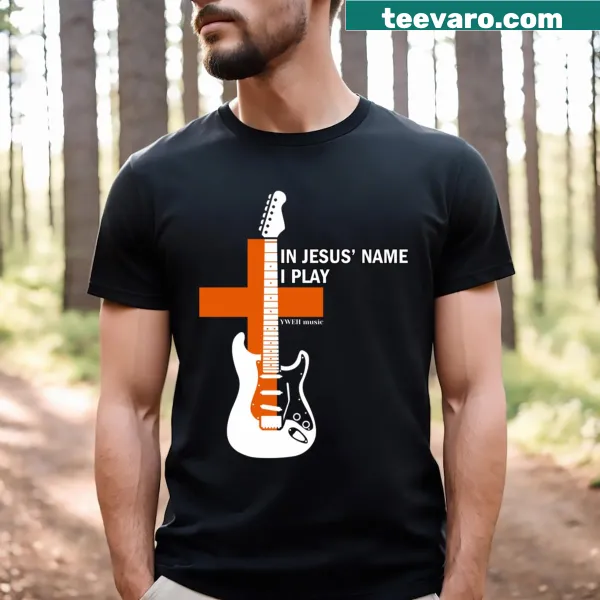 T-shirt stating 'In Jesus' Name I Play' in bold letters