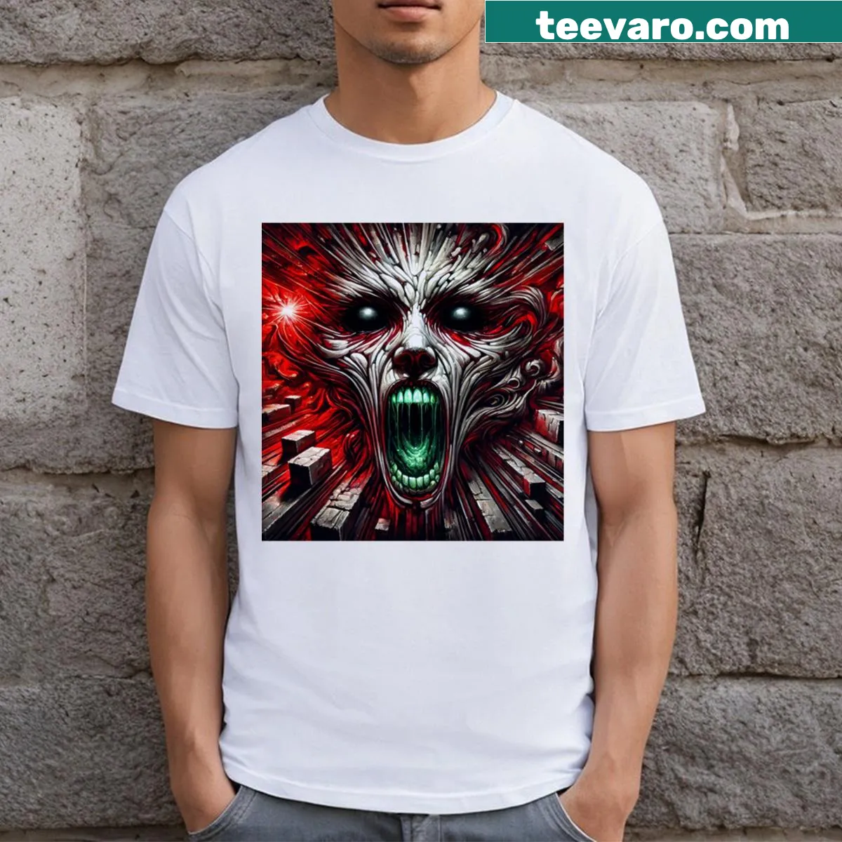 T-shirt with haunting illustration of Infernal Shrieks — on a men's t-shirt