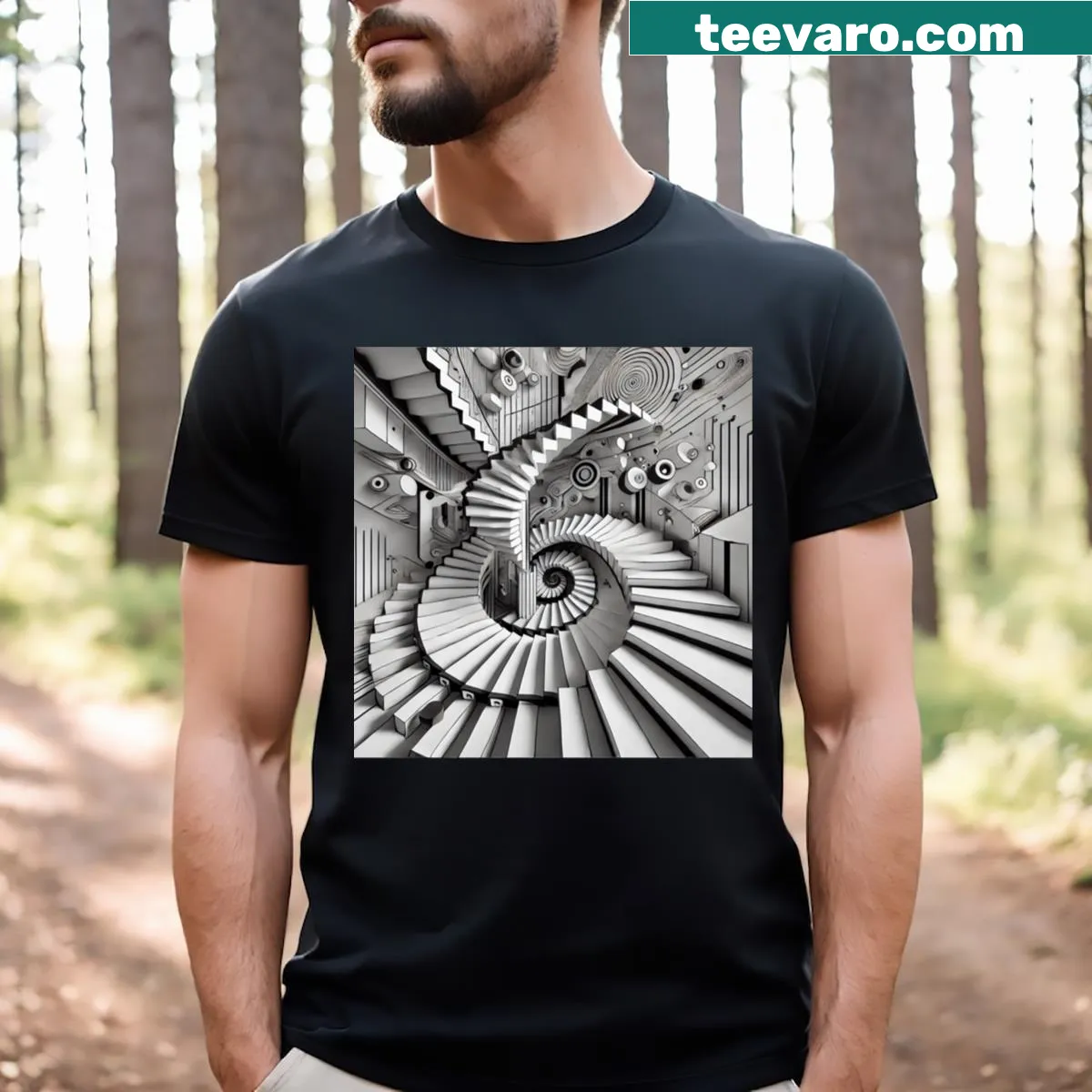 Illustrative design of an infinite stairway journey through space — on a men's t-shirt
