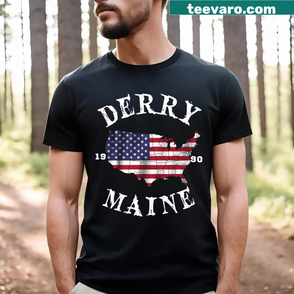 T-shirt featuring Derry Maine 1990 graphic — on a men's t-shirt