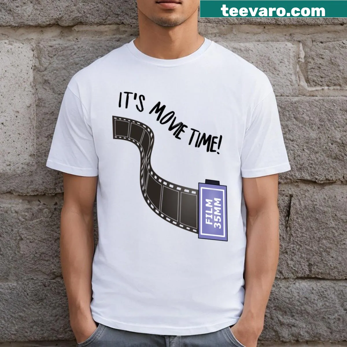 T-shirt with 'It's Movie Time!' and 35mm film graphic — on a men's t-shirt