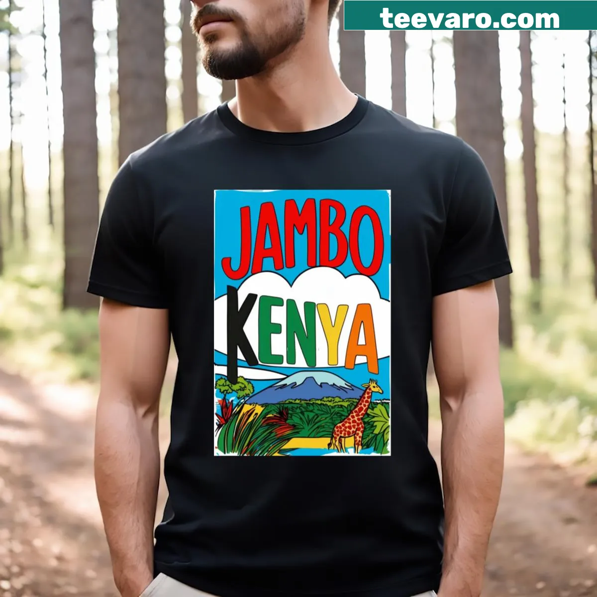 Typography T-shirt featuring the greeting Jambo in Swahili — on a men's t-shirt